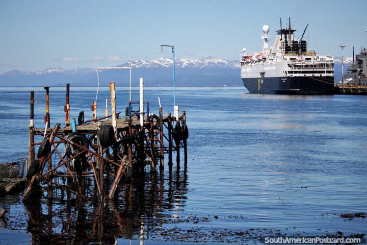 An old derelict jetty and a huge ferry in Ushuaia. (720x480px). Argentina, South America.