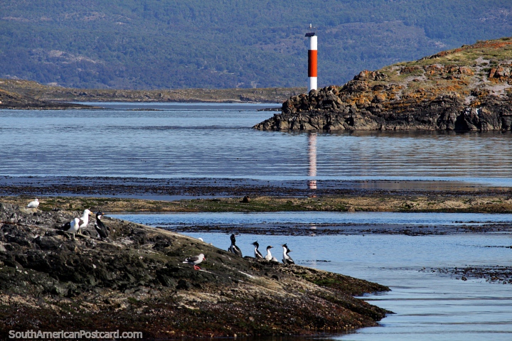 Red and white lighthouse and a beautiful scene in the Ushuaia harbor. (720x480px). Argentina, South America.