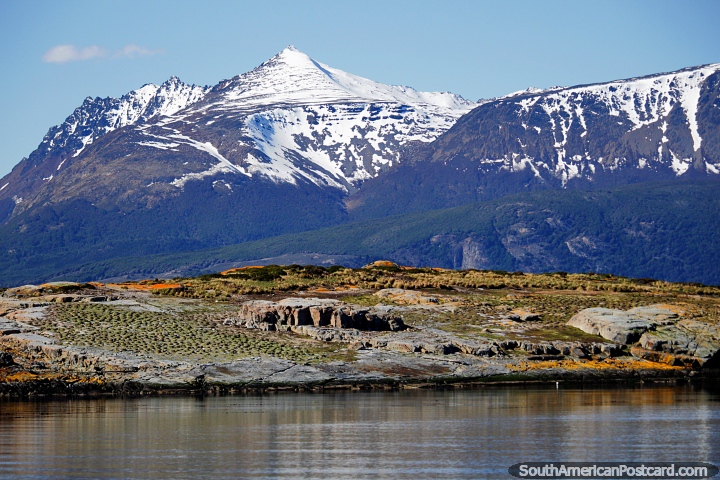 Prehistoric landscape and huge snow-capped mountain ranges, seen from the harbor in Ushuaia. (720x480px). Argentina, South America.