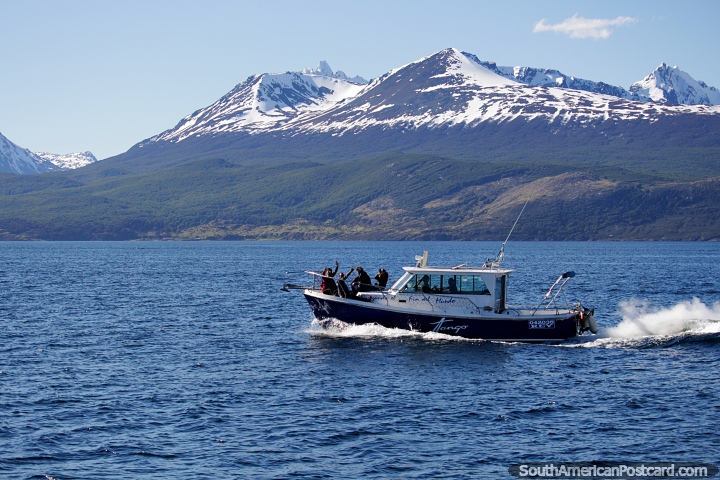 People on a boat enjoy a fine sunny day out in the waters around Ushuaia. (720x480px). Argentina, South America.