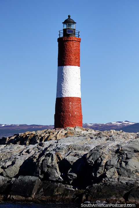 Lighthouse - Faro Les Eclaireurs, red and white, in the Beagle Channel, Ushuaia. (480x720px). Argentina, South America.