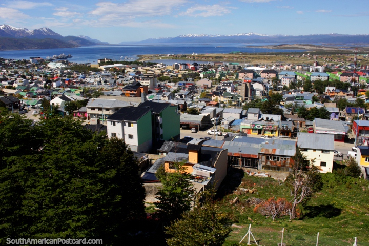 View of Ushuaia and the Beagle Channel from up on the hills behind town. (720x480px). Argentina, South America.
