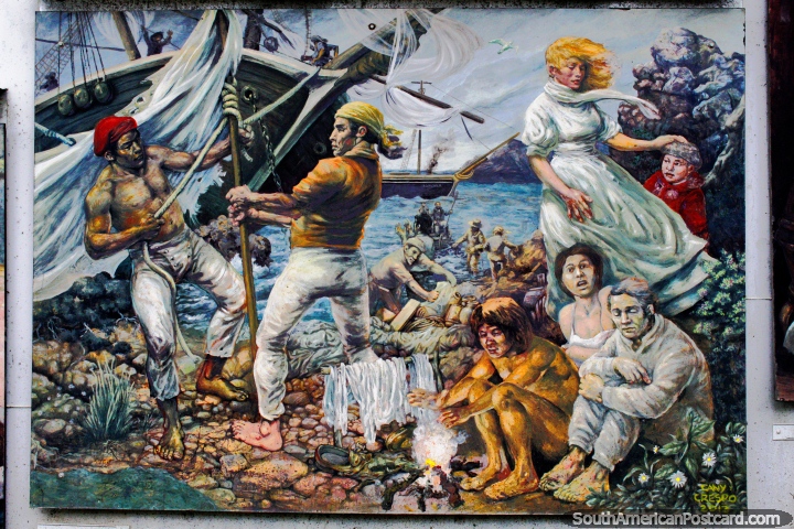 Mural of an action scene, local history of the Tierra del Fuego in Ushuaia. (720x480px). Argentina, South America.