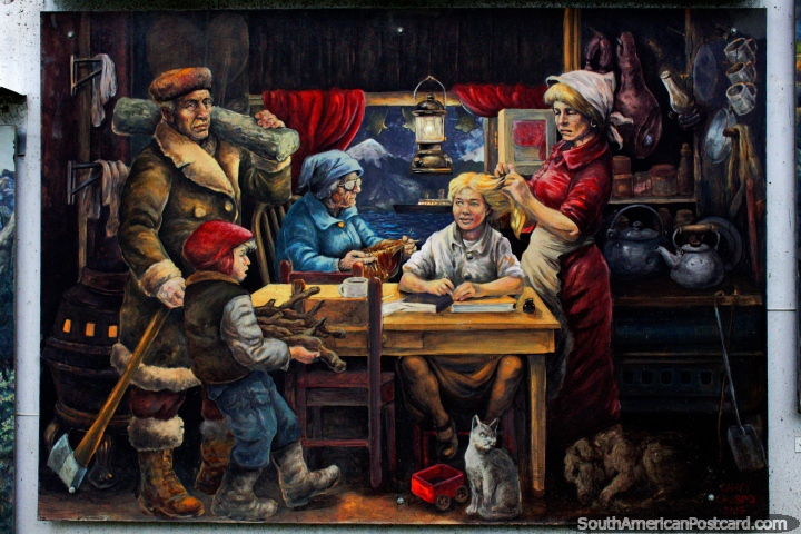 Woman knit and make their hair, men bring firewood, mural at the museum in Ushuaia. (720x480px). Argentina, South America.
