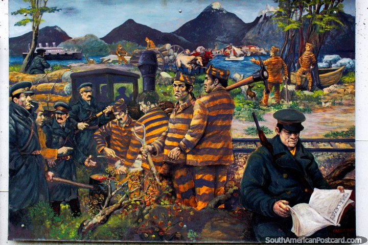 Los prisioneros trabajan bajo vigilancia, mural de la historia de la Tierra del Fuego en Ushuaia. (720x480px). Argentina, Sudamerica.