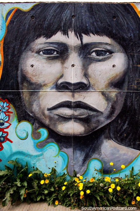 Cara dos povos indïgenas da Terra do Fogo, arte de rua em Ushuaia. (480x720px). Argentina, América do Sul.