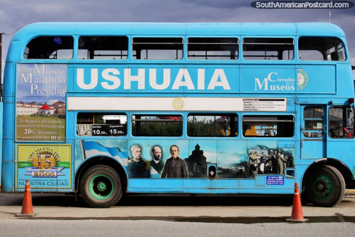 The blue double-decker bus for a tour of the museums in Ushuaia. (720x480px). Argentina, South America.