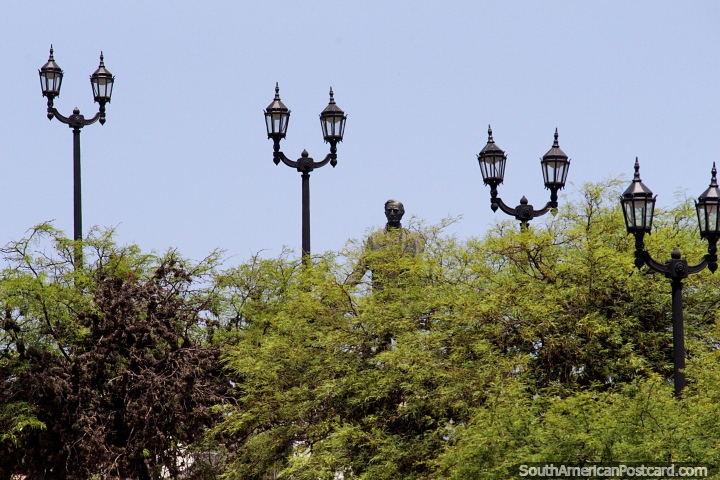 Lamps and a statue hidden behind trees at Sarmiento Park in Cordoba. (720x480px). Argentina, South America.