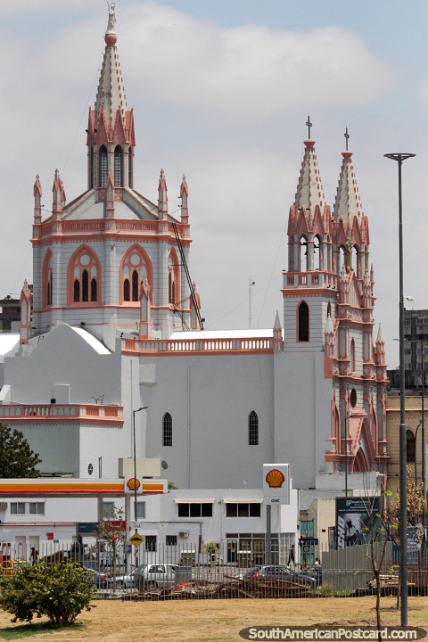 Pink and white wooden church - Iglesia del Santisimo Sacramento in Cordoba. (480x720px). Argentina, South America.