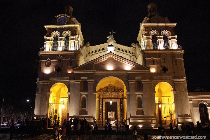 Cathedral of Cordoba at night with lights at Plaza San Martin. (720x480px). Argentina, South America.