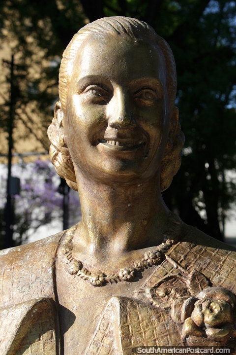 Eva Peron (Evita 1919-1952), gold bust at Plazoleta Blandengues in Santa Fe, the first lady. (480x720px). Argentina, South America.