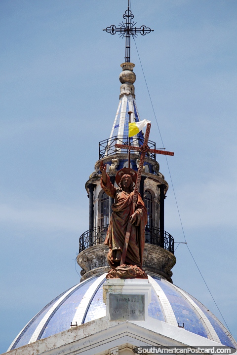 Steeple of the cathedral in Parana with Jesus statue, dome and cross. (480x720px). Argentina, South America.