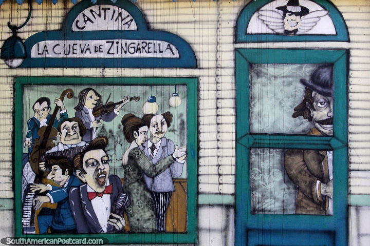 Cantina La Cueva de Zingarella, os msicos jogam e as pessoas danam, mural em La Boca, Buenos Aires. (720x480px). Argentina, Amrica do Sul.