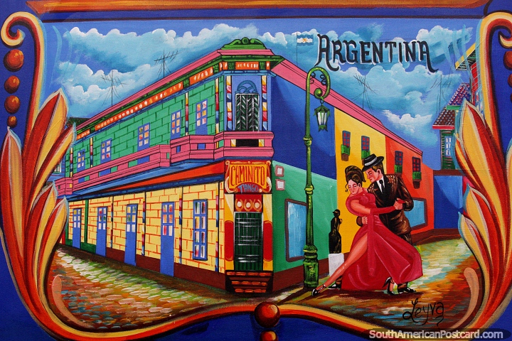 Famoso baile de tango llamado Caminito, pintura callejera en El Caminito, La Boca, Buenos Aires. (720x480px). Argentina, Sudamerica.