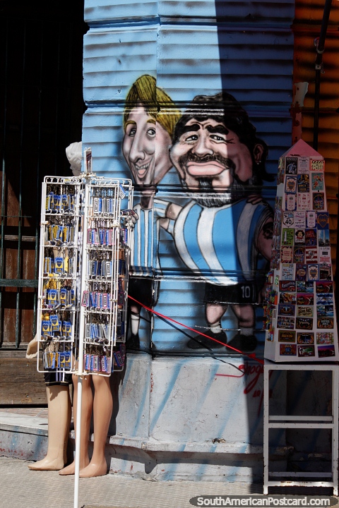 You see images of Diego Maradona all around La Boca in Buenos Aires, this street art outside a shop. (480x720px). Argentina, South America.