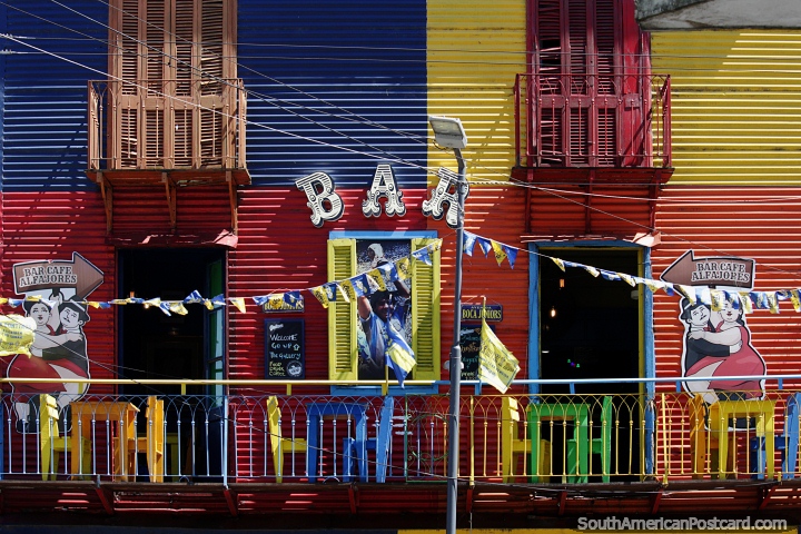 Colorful exterior and balcony of Alfajores Cafe and Bar in La Boca, Buenos Aires. (720x480px). Argentina, South America.
