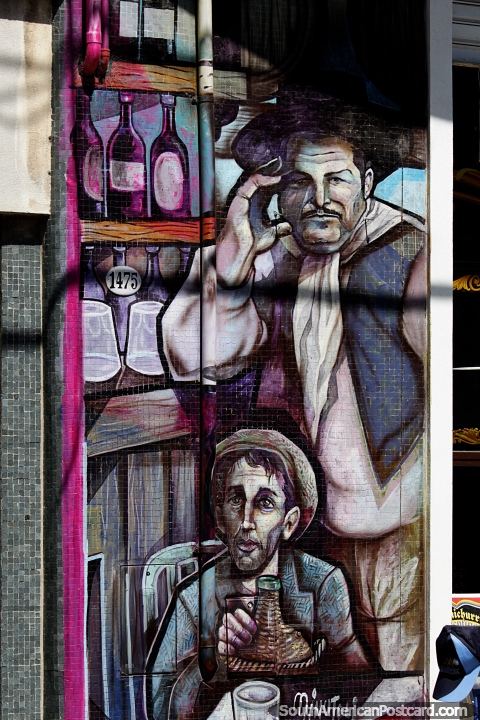 Amazing mural of 2 men at a bar, explore the streets of El Caminito in La Boca, Buenos Aires. (480x720px). Argentina, South America.