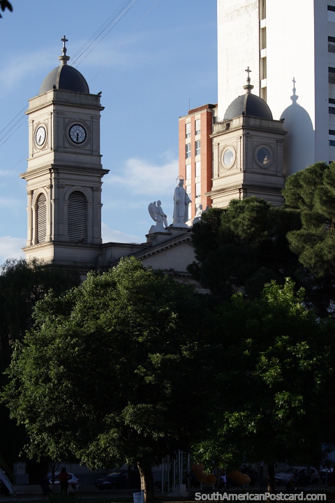 Cathedral hidden behind trees of Plaza Rivadavia in Bahia Blanca. (480x720px). Argentina, South America.