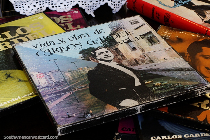 Antique records and sleeves by Carlos Gardel at the museum in Viedma. (720x480px). Argentina, South America.