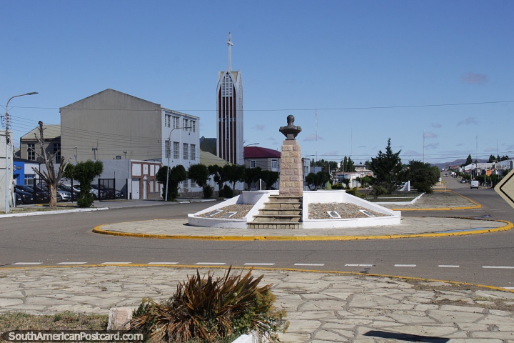 Main road in Puerto San Julian, monument and church. (720x480px). Argentina, South America.