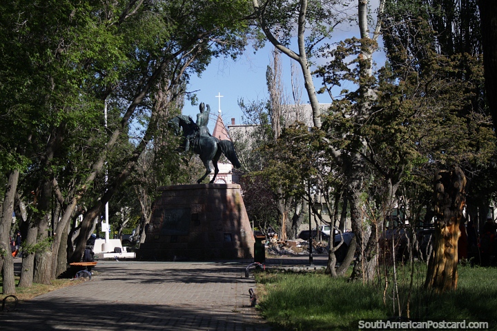 General San Martin on horseback at his plaza in Rio Gallegos. (720x480px). Argentina, South America.