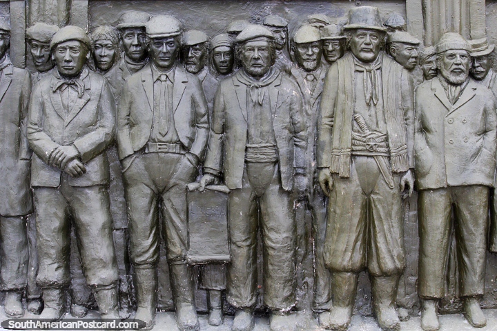 Intricate sculpture with many faces of the people who fight for freedom in Rio Gallegos. (720x480px). Argentina, South America.