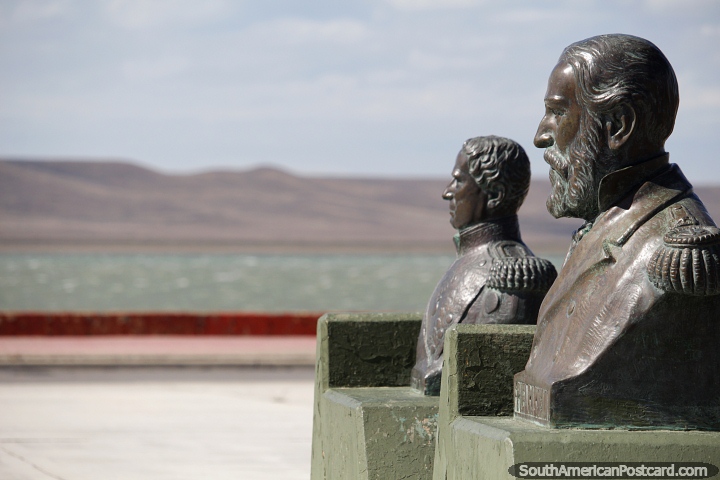 Luis Piedrabuena (1833-1883) and William Brown (1777-1857), men of the sea, busts in Rio Gallegos. (720x480px). Argentina, South America.