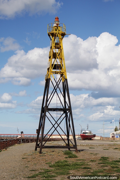 Tall lighthouse tower at the port in Rio Gallegos. (480x720px). Argentina, South America.