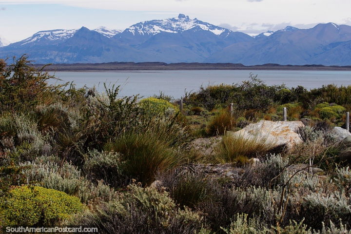 Montanhas cobertas de neve do outro lado do lago, a Patagnia em El Calafate. (720x480px). Argentina, Amrica do Sul.
