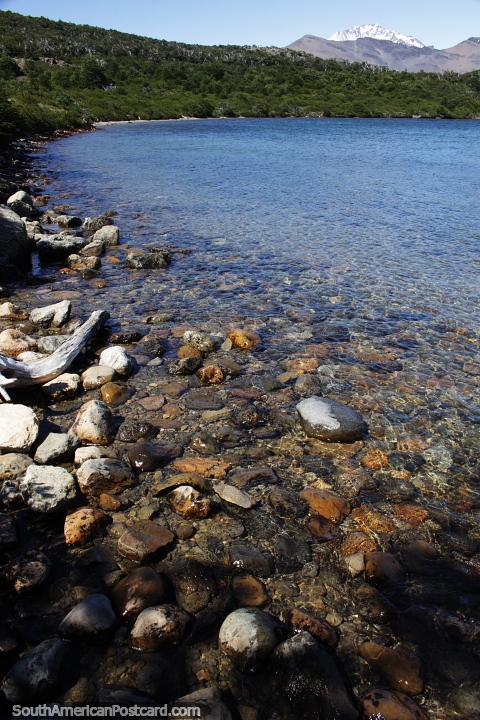 Aguas frescas de la Laguna Capri con rocas y pequeos cantos rodados en el borde, El Chalten. (480x720px). Argentina, Sudamerica.