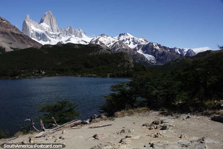 Snow-capped range over a lagoon in the mountains around El Chalten. (720x480px). Argentina, South America.