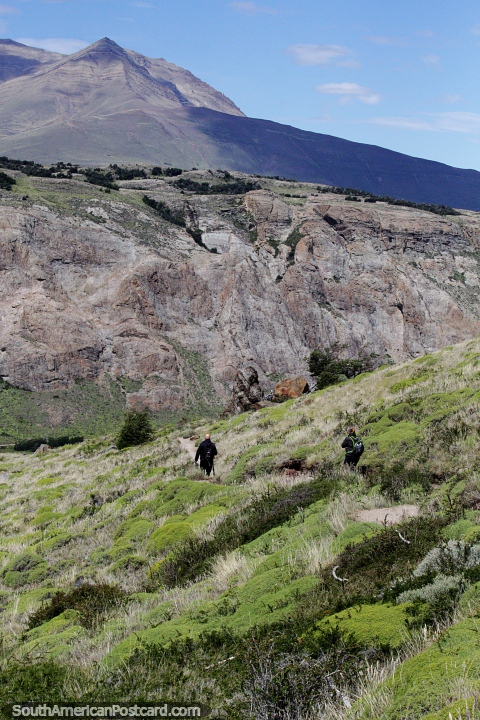Senderistas bajando las verdes colinas hacia El Chalten. (480x720px). Argentina, Sudamerica.