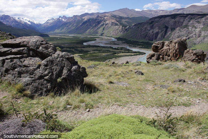Wide open views of the river and surroundings from the lookout in El Chalten. (720x480px). Argentina, South America.