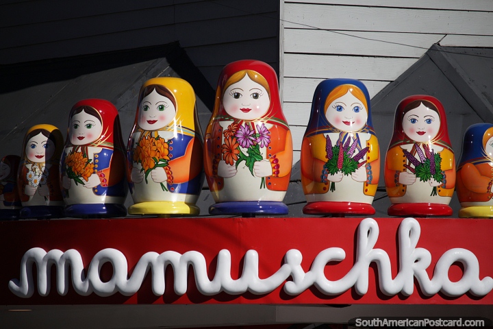 Classic wooden dolls that open to reveal another inside on the rooftop of Mamuschka ice-cream shop in Bariloche. (720x480px). Argentina, South America.