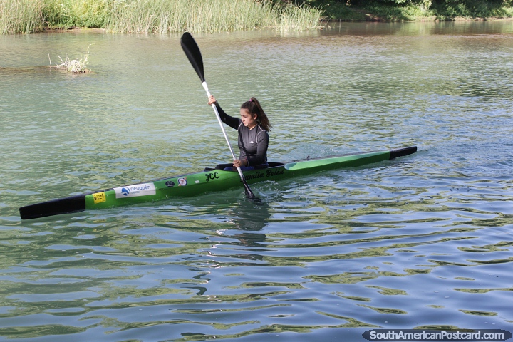 Kayak practice in the morning in Neuquen at the Limay River. (720x480px). Argentina, South America.