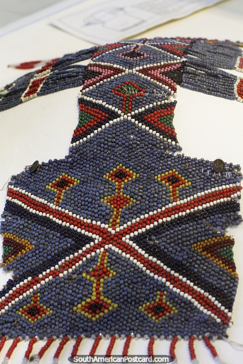 Pehuenche headdress, created with colored beads, Gregorio Alvarez Museum, Neuquen. (480x720px). Argentina, South America.