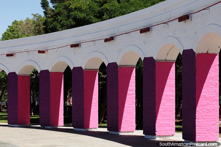 Pink and white archways in the park in Neuquen. (720x480px). Argentina, South America.