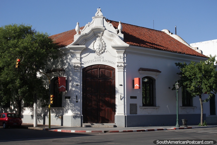Hipotecario National Bank, historic white building in Santa Rosa. (720x480px). Argentina, South America.