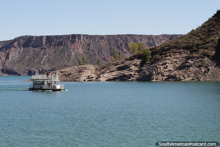 Passenger boat with 2 levels with a roof deck at the reservoir Valle Grande, San Rafael. (720x480px). Argentina, South America.