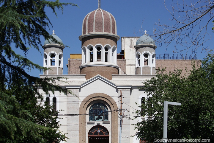 Cathedral in Mendoza with 3 towers, view from the park. (720x480px). Argentina, South America.