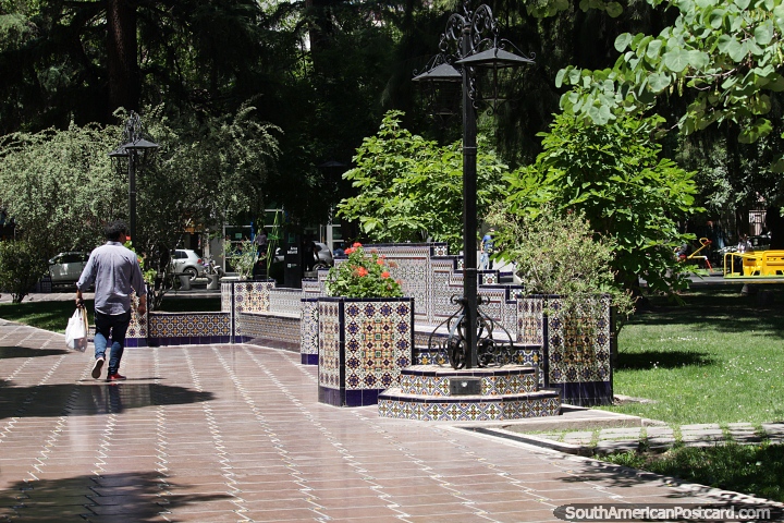 Tiled seating around the Spanish Plaza in Mendoza, one of several important plazas. (720x480px). Argentina, South America.