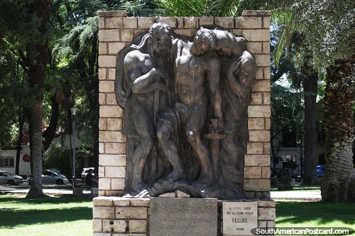 Bronze monument of 3 figures at Plaza Italy in Mendoza. (720x480px). Argentina, South America.