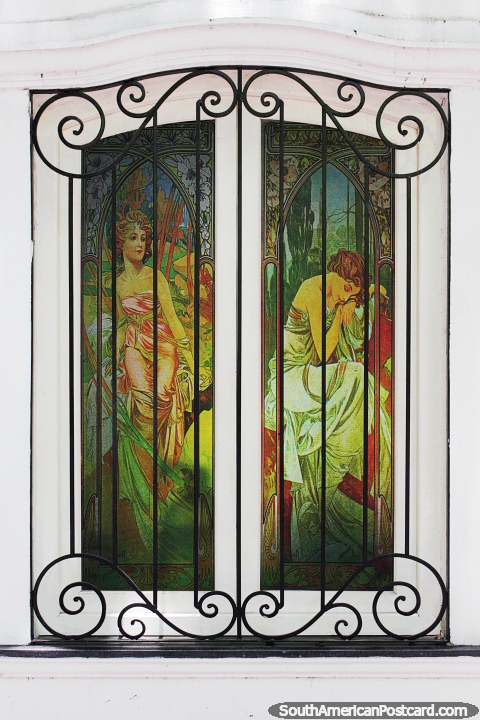 An exotic stained-glass window featuring 2 women, a building side in Mendoza. (480x720px). Argentina, South America.