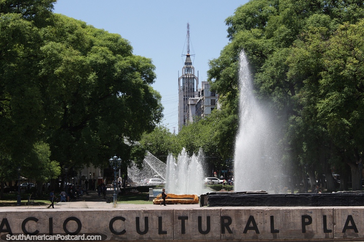 Fountains, trees and towers, Independence Plaza in central Mendoza. (720x480px). Argentina, South America.