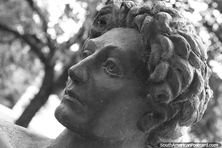 Lola Mora (1866-1936), bronze sculpture in the park in Tucuman, black and white. (720x480px). Argentina, South America.