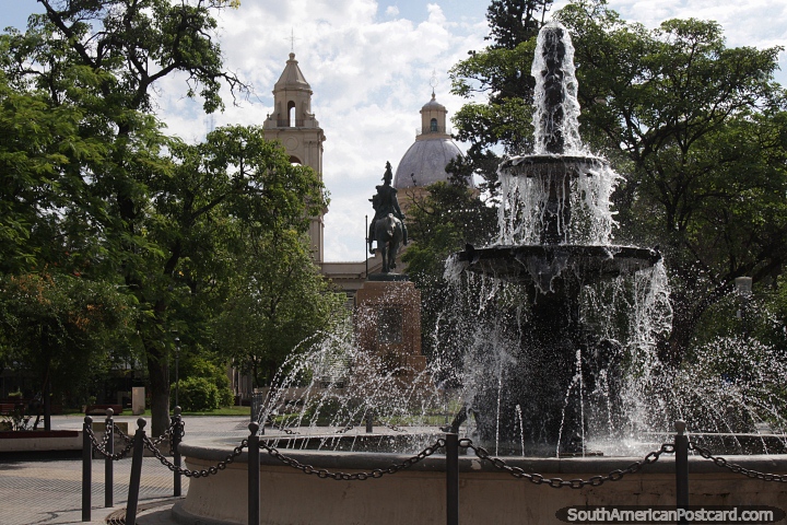 Fountain, cathedral and monument at Freedom Plaza (Plaza Libertad) in Santiago del Estero. (720x480px). Argentina, South America.