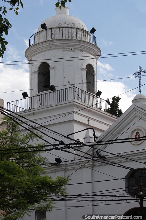 La Merced Church with white tower and dome, Santiago del Estero. (480x720px). Argentina, South America.