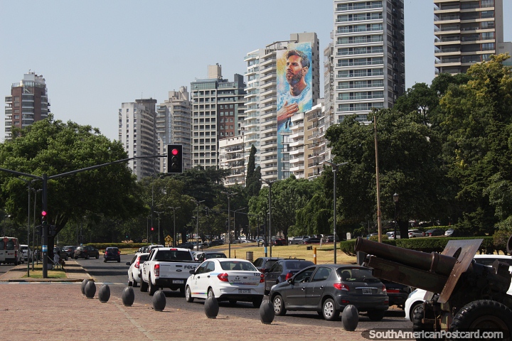 Lionel Messi, soccer star, mural on a building in Rosario, born here in 1987. (720x480px). Argentina, South America.