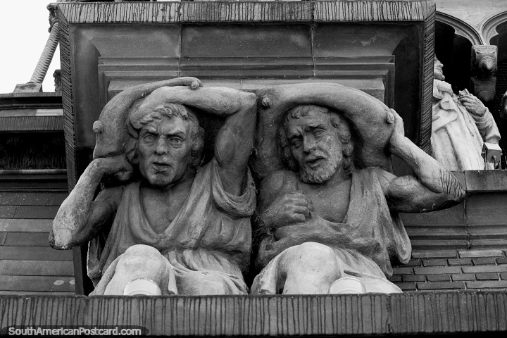 Stonework of 2 men holding up the Church of the Capuchins in Cordoba. (720x480px). Argentina, South America.