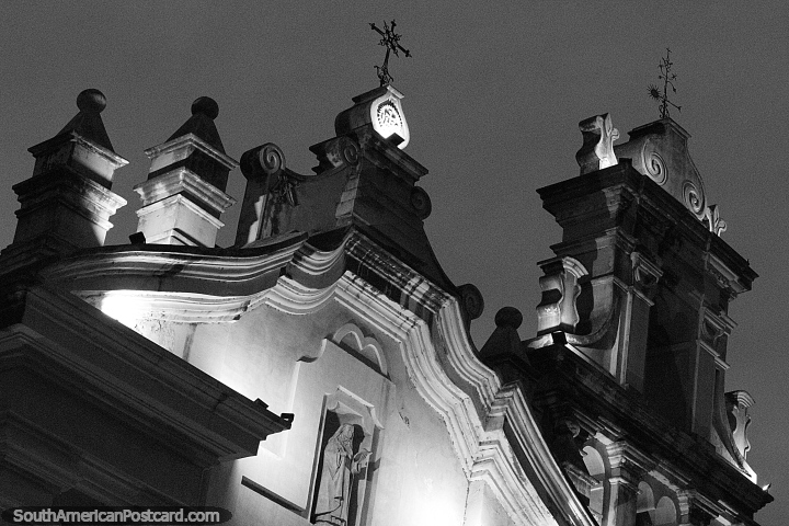 Church facade at night in black and white in Cordoba - Church and Convent of San Jose. (720x480px). Argentina, South America.